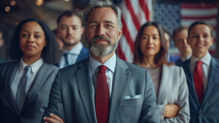 Fototapeta premium Confident business leader stands with diverse team, showcasing unity and professionalism in a corporate environment with an American flag.