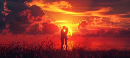 Fototapeta premium Picture of lovers' shadows and reflections in the sunset