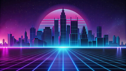 Obraz premium Futuristic Cityscape with Neon Lights and Digital Grid