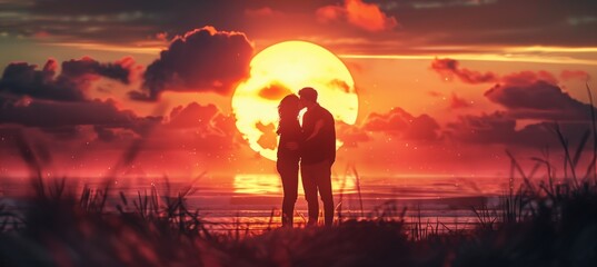 Fototapeta premium Picture of lovers' shadows and reflections in the sunset