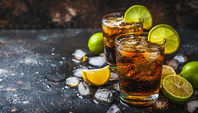Alcoholic cocktail rum cola with ice, lime, lemon, cola and white rum, dark background