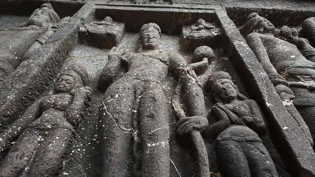 Intricate carvings at Karla, rock-carved caves in Maharashtra, India.