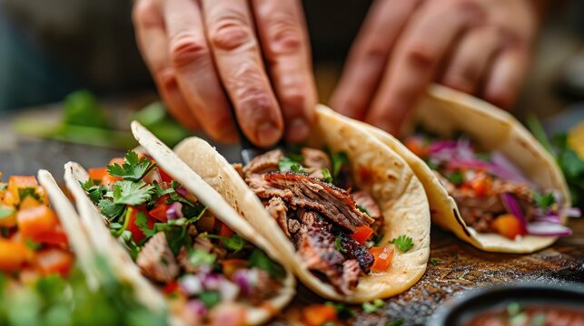 A cook's hands meticulously assemble four tacos with assorted fillings including colorful diced vegetables and seasoned meat, capturing the essence of street food experience.