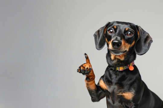 A black and tan Dachshund pointing its paw on a gray background, looking attentive and interested