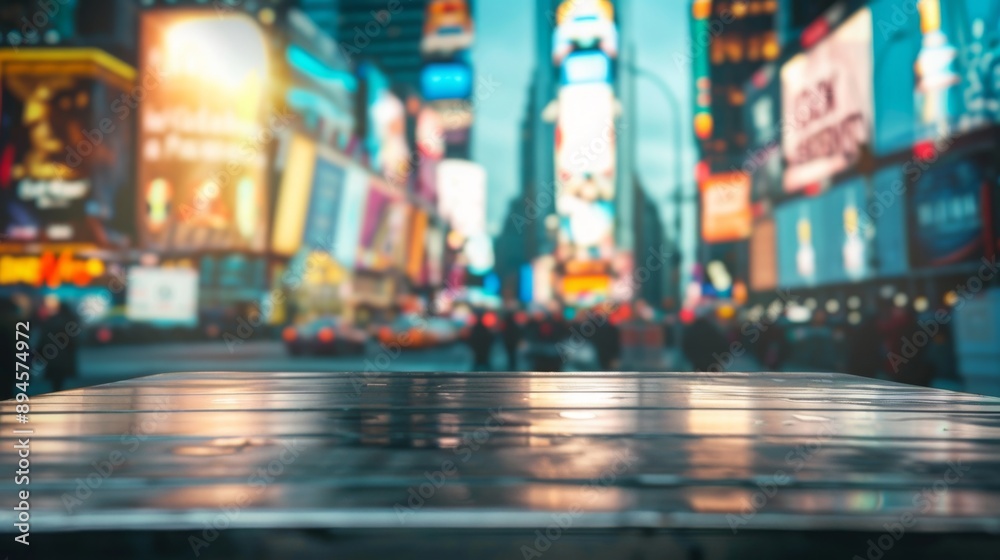 Aufkleber A close-up view of a sleek, wet tabletop with Times Square in the blurry background.