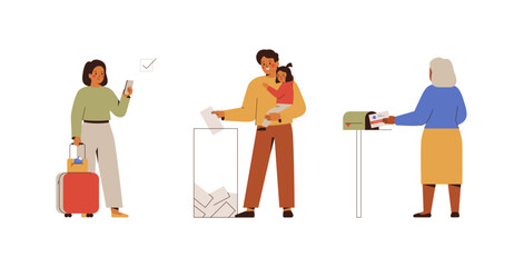 People voting by mail, via mobile phone online and on poll place. Voting and Election concept. Pre-election campaign. Vector illustration