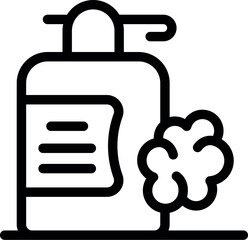 Line drawing of a dispenser bottle releasing foaming soap, evoking hygiene and cleanliness