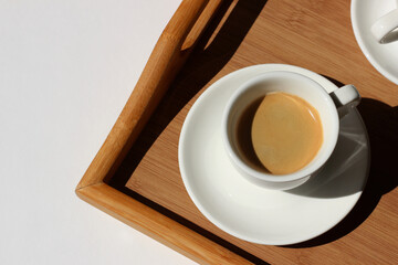 Fresh Black Coffee Served on Wooden Tray. Serving Coffee in Bed.