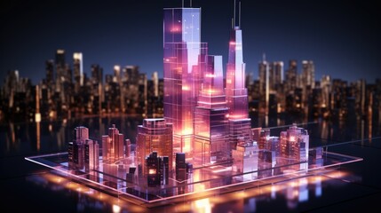 Obraz premium A glass building with a purple light on top of it. Generative AI image. 