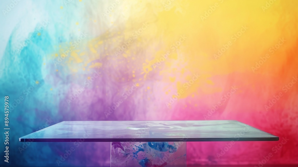 Aufkleber a clear, rectangular tabletop sits in front of a wall with a colorful abstract background.