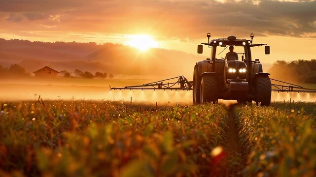 Close-up of an industrial tractor spraying pesticides on a field to preserve crops
