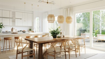 A bright, roomy dining space with Scandinavian decor, featuring a wooden table, chic chairs, and elegant pendant lights.