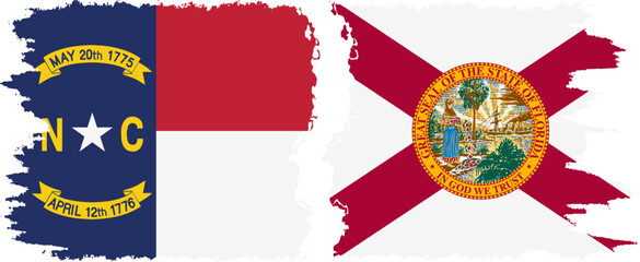 Florida and North Carolina states grunge brush flags connection, vector