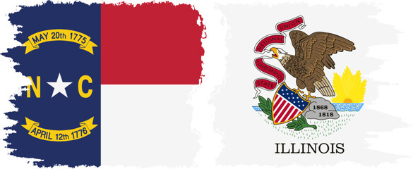 Illinois and North Carolina states grunge brush flags connection, vector