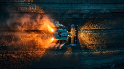 Create a panoramic aerial view of a combine harvester working in a field at night. Emphasize the contrast between the dark surroundings and the bright lights of the harvester illuminating the field. C