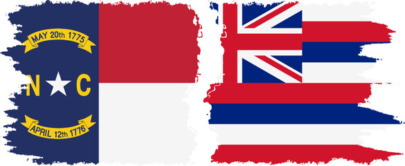 Hawaii and North Carolina states grunge brush flags connection, vector