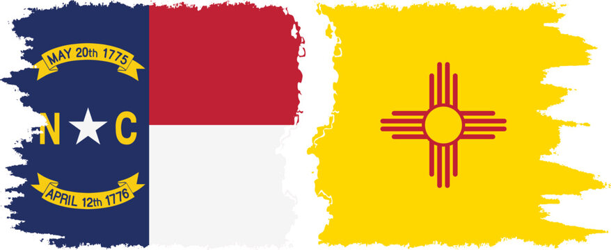 New Mexico and North Carolina states grunge brush flags connection, vector