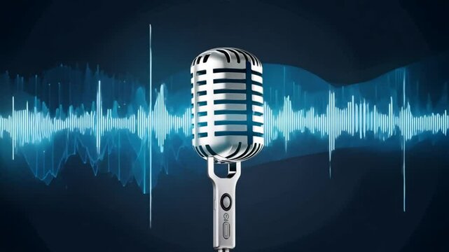 Vintage microphone on stage with retro chrome finish and white background