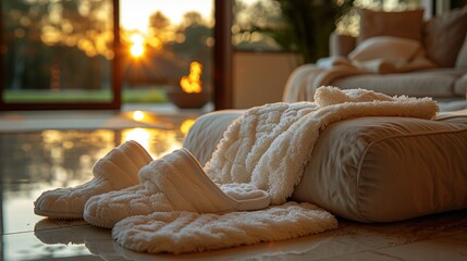 Relaxation Room: Close-up of a fluffy robe and slippers laid out on a lounge chair in a serene relaxation room at a spa, inviting relaxation