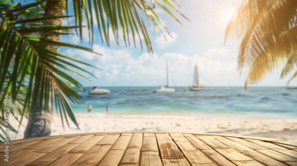 Poster a wooden platform sits in front of a blurred tropical beach scene. palm trees and blue water with sa