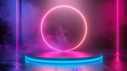 Obraz premium Futuristic neon circle with vibrant pink and blue lights, set against a smoky backdrop. Perfect for a modern, tech-inspired design.