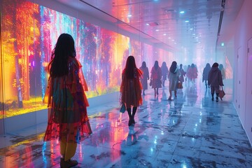 Fashion Design with AI theme.  Designers using AI-generated avatars to model and showcase new fashion collections in a virtual runway show environment
