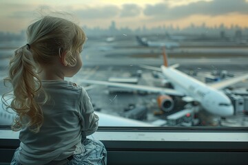 Obraz premium Morning Plane Spotting:Kids and parents looking out of the airport window, spotting planes taking off and landing on the runway 