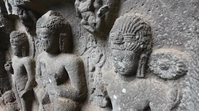 Intricate carvings at Karla, rock-carved caves in Maharashtra, India.