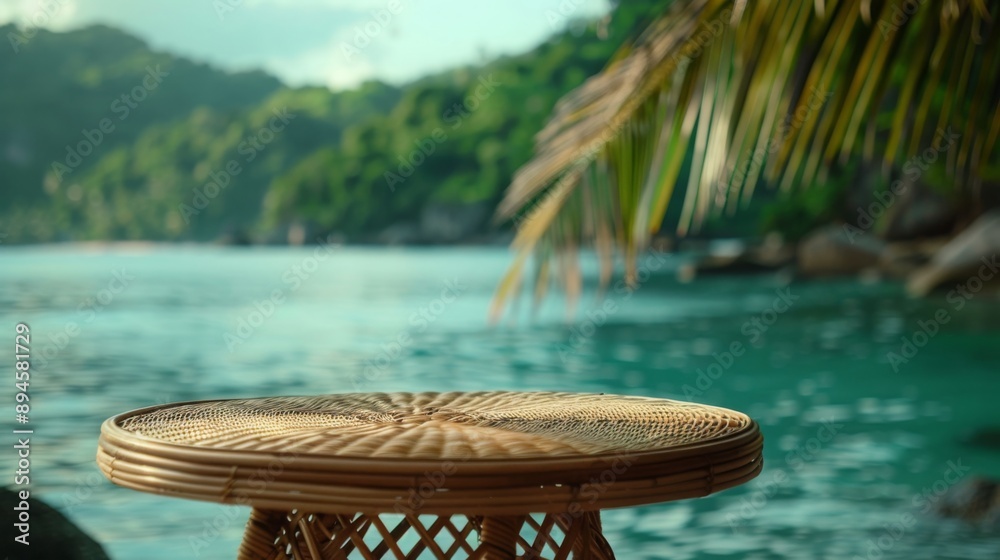 Poster a wicker table sits in front of a tropical ocean, with a lush green island in the background.
