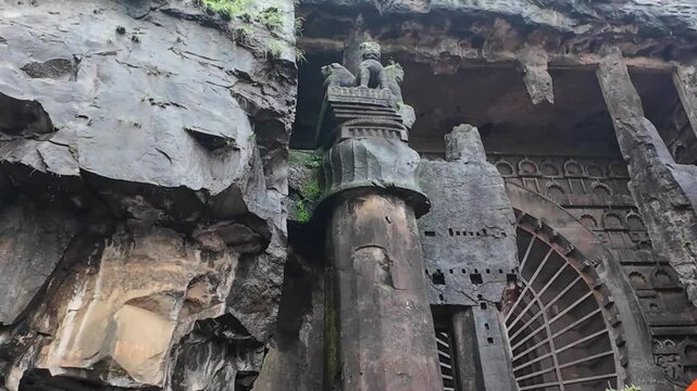 Carved giant columns  at Karla caves,, Maharashtra 