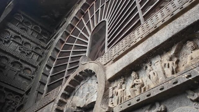 Intricate carvings at Karla, rock-carved caves in Maharashtra, India.