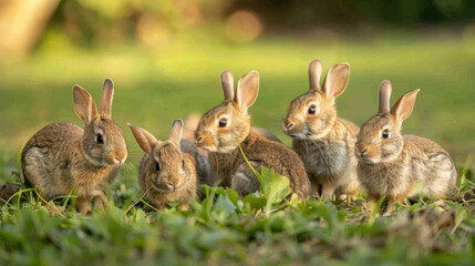 Fototapeta premium Five adorable rabbits sitting together on grass, showcasing their fluffy fur and long ears in a natural outdoor setting.