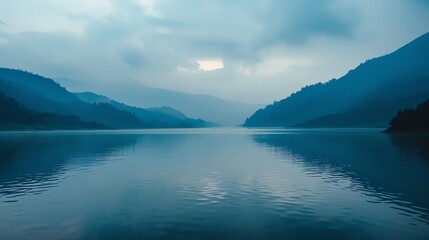 A tranquil lake with mountains in the background on a foggy morning.