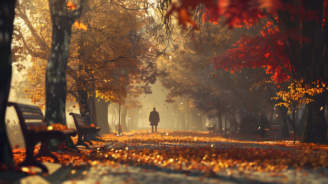 autumn in the park; path under the trees with human in distance - Powered by Adobe