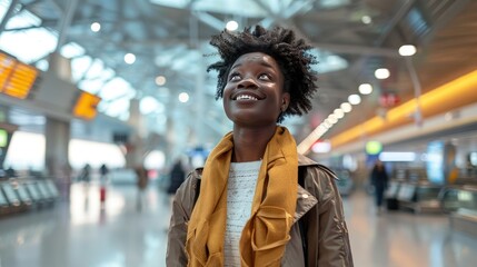 Smiling woman in airport terminal with yellow scarf, casual travel
