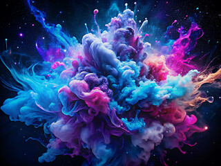 Obraz premium life of life, Vivid shades of blue and purple ink explode against a dark backdrop, creating a breath-taking abstract image reminiscent of a cosmic phenomenon