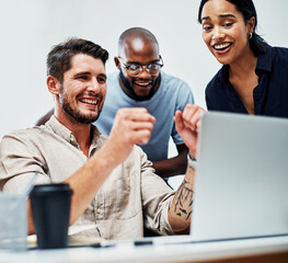 Business people, laptop or fist for success, achievement or celebration in project management...