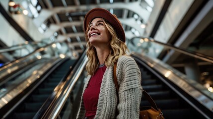 Smiling woman riding escalator in modern building, wearing hat and cardigan