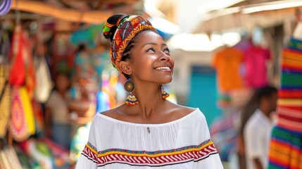 Smiling woman in traditional dress at vibrant market, surrounded by colorful items