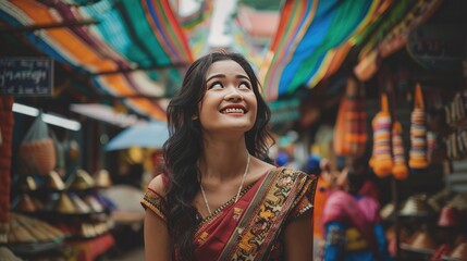 Smiling woman exploring colorful market in traditional attire, surrounded by vibrant fabrics