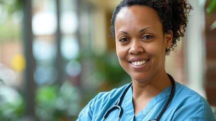 A woman in blue scrubs smiles at the camera.