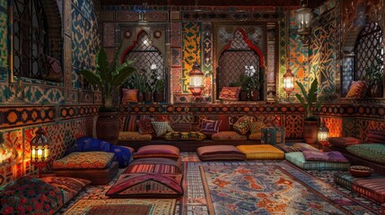 Naklejka premium A traditional Moroccan lounge with low seating