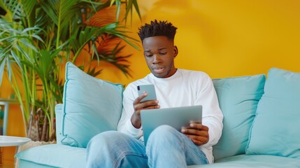 Young man using smartphone and tablet on sofa, yellow wall background