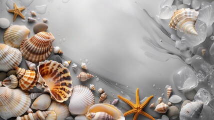 Obraz premium Assortment of seashells and starfish arranged on smooth pebbles with water droplets, evoking a coastal and natural marine theme. Concept of beach, nature, and relaxation. 