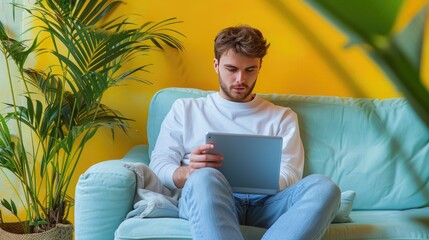 Young man using tablet on sofa with yellow wall, surrounded by plants