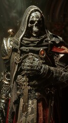 Menacing skeletal wizard lich warrior in ornate armor. Hooded figure with glowing eyes, wielding sword and cross. Dark fantasy character with intricate details.