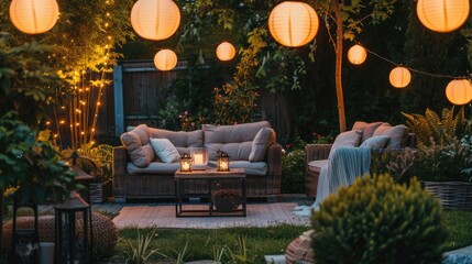 Patio with greenery, wooden decor, comfy seating, and lanterns. Cozy outdoor area with garden furniture in the backyard.