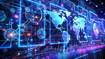 Futuristic holographic display projecting intricate network diagrams, oscillating data streams, and threat analysis graphs, illuminating a dark background with vibrant blue and purple hues.