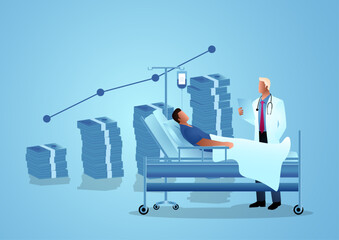 Vector illustration of a doctor visiting a patient with a rising bar graph made of money stacks in the background, symbolizing the rising cost of healthcare