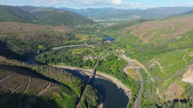 Aerial View Over River And Mountains In Nogueira, Ribas de Sil, Spain - Drone Shot